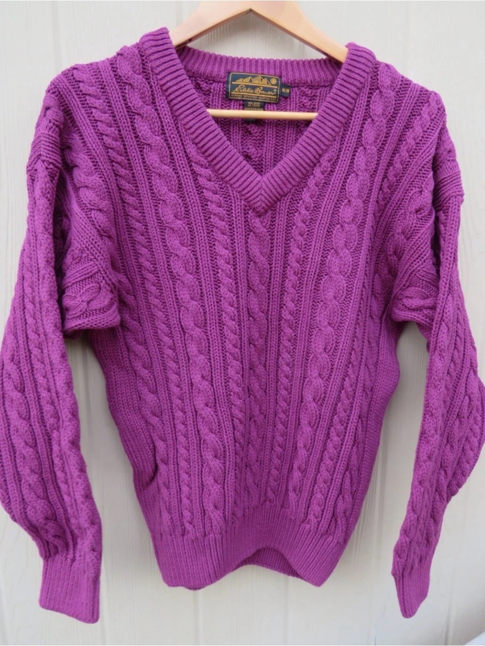 Eddie Bauer Cable Knit V-Neck Sweater in Purple Pink